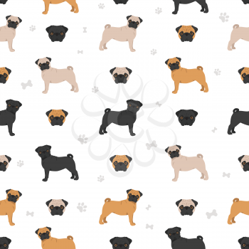 Pug seamless pattern. Different poses, coat colors set.  Vector illustration