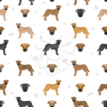 Black mouth cur seamless pattern. Different coat colors and poses set.  Vector illustration