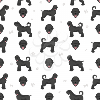 Black russian terrier seamless pattern. Different coat colors and poses set.  Vector illustration