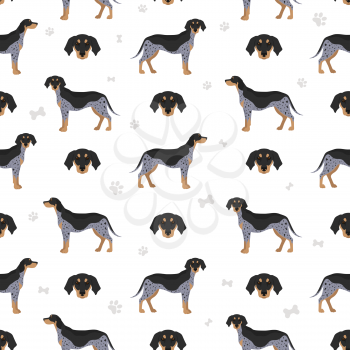 Bluetick coonhound seamless pattern. Different coat colors and poses set.  Vector illustration