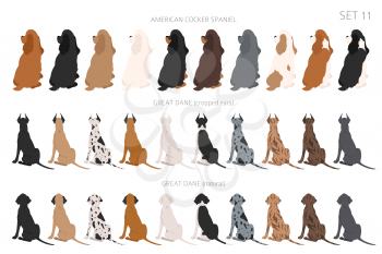 Sitting dogs backside clipart, rear view. Diifferent coat colors variety. Pet graphic design for dog lovers. Vector illustration