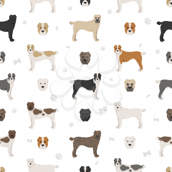 Central asian shepherd seamless pattern. Different poses, coat colors set.  Vector illustration