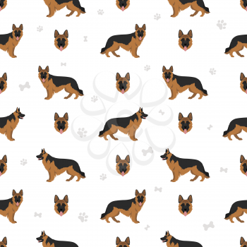 Long haired german shepherd dog  in different coat colors seamless pattern. Vector illustration