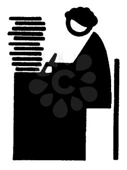 Royalty Free Clipart Image of a Person at a Desk With a Stack of Work