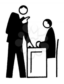 Royalty Free Clipart Image of Two Businessmen Talking at a Desk