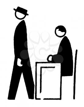Royalty Free Clipart Image of a Man Walking Away From a Man at a Desk