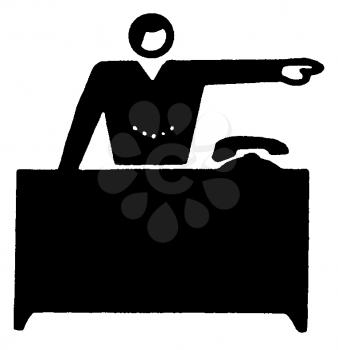 Royalty Free Clipart Image of a Man Pointing From Behind a Desk
