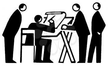 Royalty Free Clipart Image of a Group of Men Around a Drafting Table