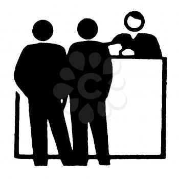 Royalty Free Clipart Image of Two People Talking to a Man Behind a Desk