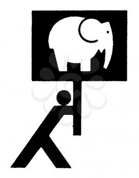 Royalty Free Clipart Image of a Man Carrying a Sign With an Elephant