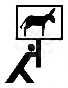 Royalty Free Clipart Image of a Man Carrying a Sign With a Donkey on It