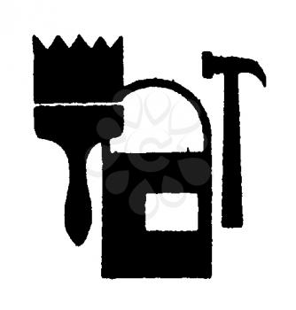 Royalty Free Clipart Image of a Paintbrush, Pail and Hammer