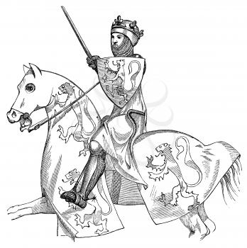 Royalty Free Clipart Image of a Knight or King Riding into Battle 