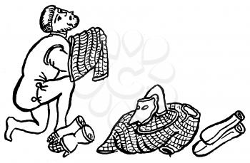 Royalty Free Clipart Image of a Knight Putting Armour on 