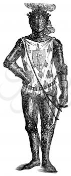 Royalty Free Clipart Image of a Knight Standing on Guard