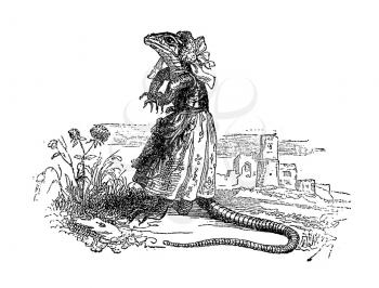 Royalty Free Clipart Image of a Lizard in a Dress