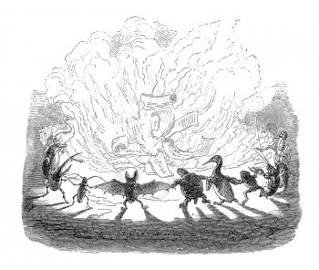 Royalty Free Clipart Image of Animals Dancing Around a Fire