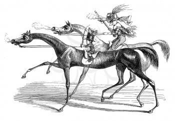 Royalty Free Clipart Image of People on Strange Horses