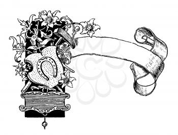 Royalty Free Clipart Image of a Banner with Horseshoe and Pickaxe