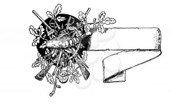Royalty Free Clipart Image of a Guns, Swords and a Banner