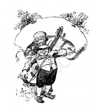 Royalty Free Clipart Image of a Leprechaun Like Man with a Guitar and a Banner