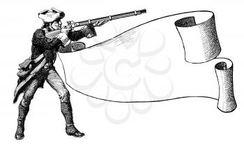Royalty Free Clipart Image of a British Soldier with a Gun and Banner