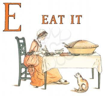 Royalty Free Clipart Image of a Woman at a Table with the Letter E and the Words Eat It Above Her