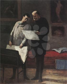 Royalty Free Clipart Image of a Painting of Two Men Looking at Plans