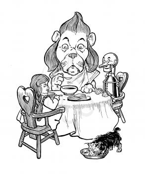 Royalty Free Clipart Image of a Lion at a Tea Party