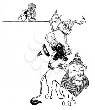 Royalty Free Clipart Image of a Lion, Scarecrow, Tinman, and a Girl
