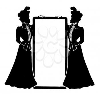Royalty Free Clipart Image of Two Women in Silhouette Holding a Frame