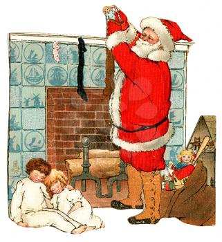 Royalty Free Clipart Image of Santa Filling Stockings