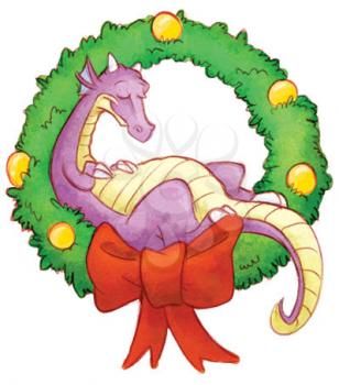 Royalty Free Clipart Image of a Dragon in a Wreath
