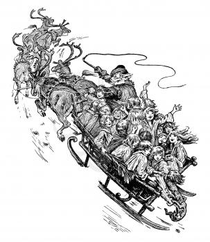 Royalty Free Clipart Image of Santa in His Sleigh