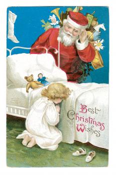 Royalty Free Clipart Image of Santa Watching a Child Say Prayers