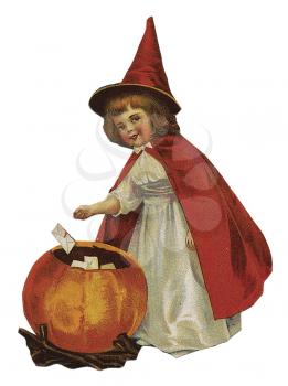 Royalty Free Clipart Image of a Vintage Illustration of a Child in a Witch Costume