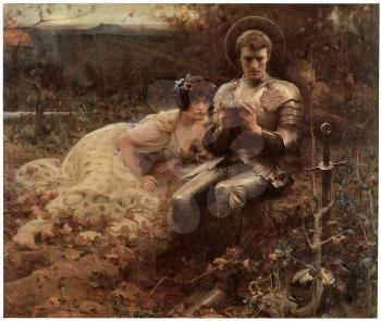 Royalty Free Clipart Image of The Temptation of Sir Percival by Arthur Hacker