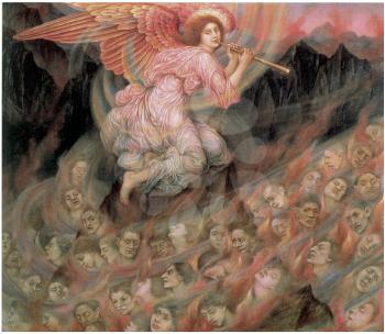 Royalty Free Clipart Image of An Angel Piping to the Souls in Hell by Evelyn De Morgan