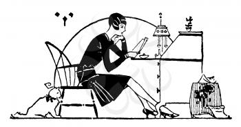 Royalty Free Clipart Image of a Woman Sitting at her Desk Reading 