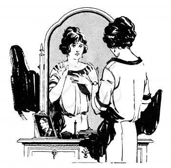 Royalty Free Clipart Image of a Woman Looking Mournfully into a Mirror  