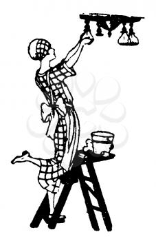 Royalty Free Clipart Image of a Maid Cleaning and Changing a Light Bulb