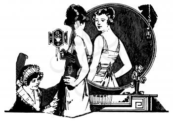 Royalty Free Clipart Image of a woman Having her Dress Fitted