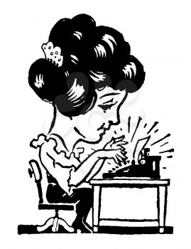 Royalty Free Clipart Image of a Cartoon Woman Typing on a Typewriter 