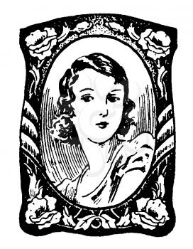 Royalty Free Clipart Image of a Portrait of a Woman in a Picture Frame