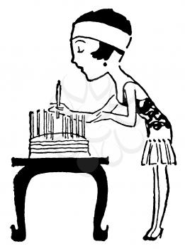Royalty Free Clipart Image of a Cartoon Woman Putting Candles on a Cake