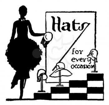 Royalty Free Silhouette Clipart Image of a Vintage Hat Advertisement
