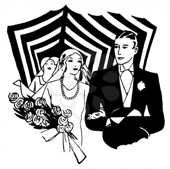 Royalty Free Clipart Image of a Newly Wed Couple Walking Down the Aisle 
