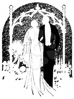 Royalty Free Silhouette Clipart Image of a Bride and Groom at the Alter 