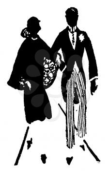 Royalty Free Silhouette Clipart Image of a Couple Walking Down the Aisle 