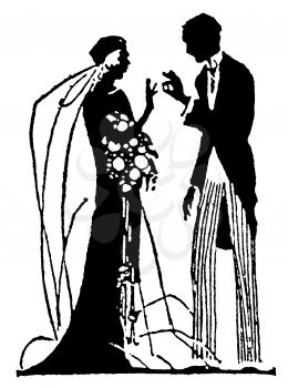 Royalty Free Clipart Image of a Bride and Groom Exchanging Rings 